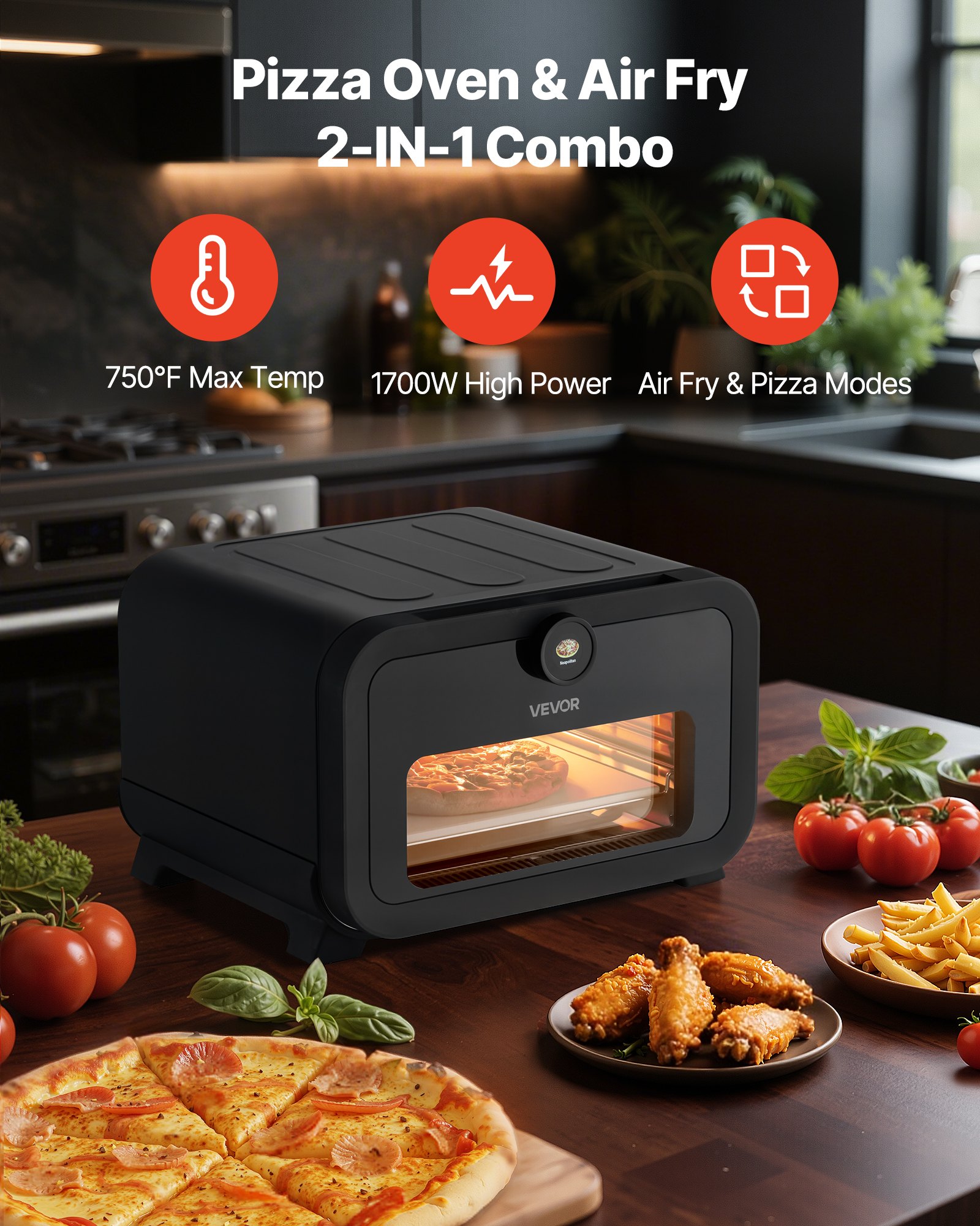 Horno de pizza VEVOR, horno eléctrico de pizza con 8 preajustes y freidora de aire, máquina para hacer pizza de interior de 12 pulgadas con control inteligente, temperatura máxima de 750 °F, resistente al agua IPX4, horno de pizza de encimera con piedra para pizza y cesta para freír.