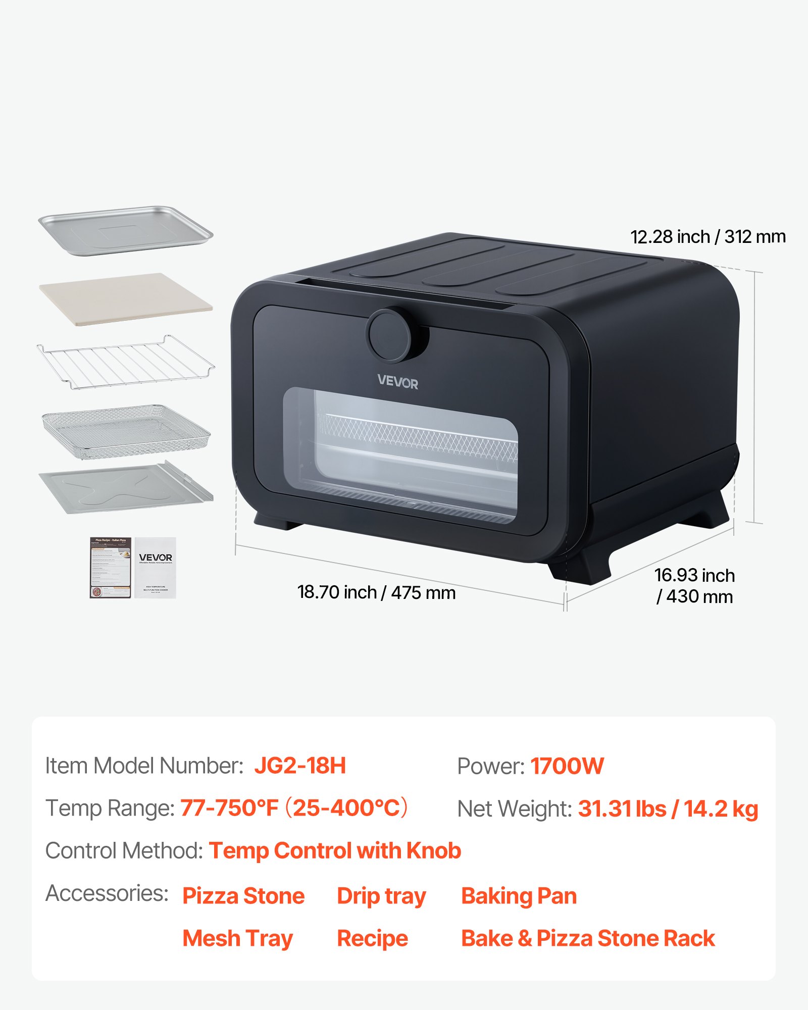 Horno de pizza VEVOR, horno eléctrico de pizza con 8 preajustes y freidora de aire, máquina para hacer pizza de interior de 12 pulgadas con control inteligente, temperatura máxima de 750 °F, resistente al agua IPX4, horno de pizza de encimera con piedra para pizza y cesta para freír.