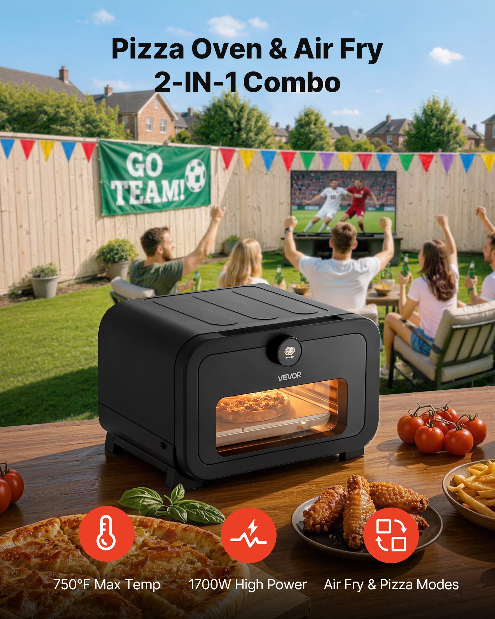Horno de pizza VEVOR, horno eléctrico de pizza con 8 preajustes y freidora de aire, máquina para hacer pizza de interior de 12 pulgadas con control inteligente, temperatura máxima de 750 °F, resistente al agua IPX4, horno de pizza de encimera con piedra para pizza y cesta para freír.