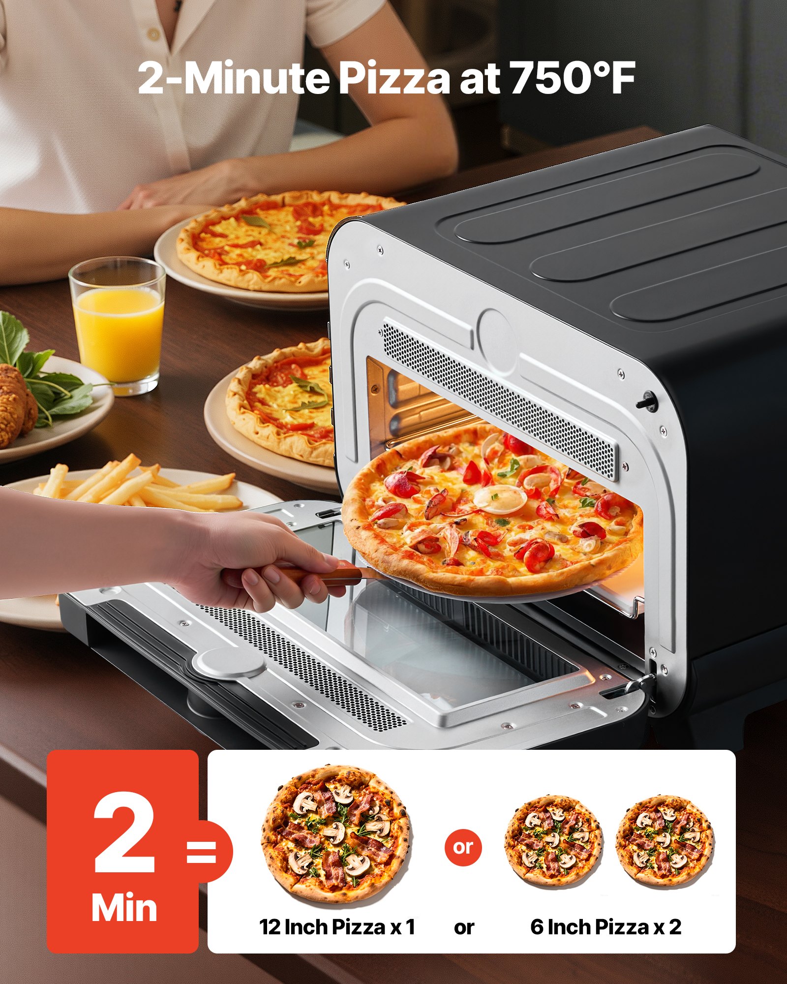 Horno de pizza VEVOR, horno eléctrico de pizza con 8 preajustes y freidora de aire, máquina para hacer pizza de interior de 12 pulgadas con control inteligente, temperatura máxima de 750 °F, resistente al agua IPX4, horno de pizza de encimera con piedra para pizza y cesta para freír.