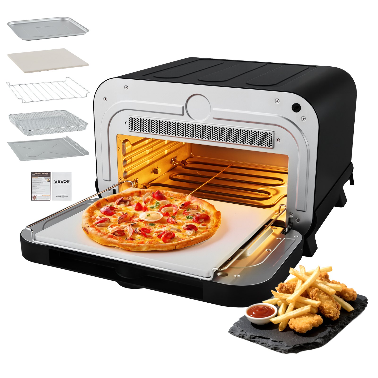 Horno de pizza VEVOR, horno eléctrico de pizza con 8 preajustes y freidora de aire, máquina para hacer pizza de interior de 12 pulgadas con control inteligente, temperatura máxima de 750 °F, resistente al agua IPX4, horno de pizza de encimera con piedra para pizza y cesta para freír.