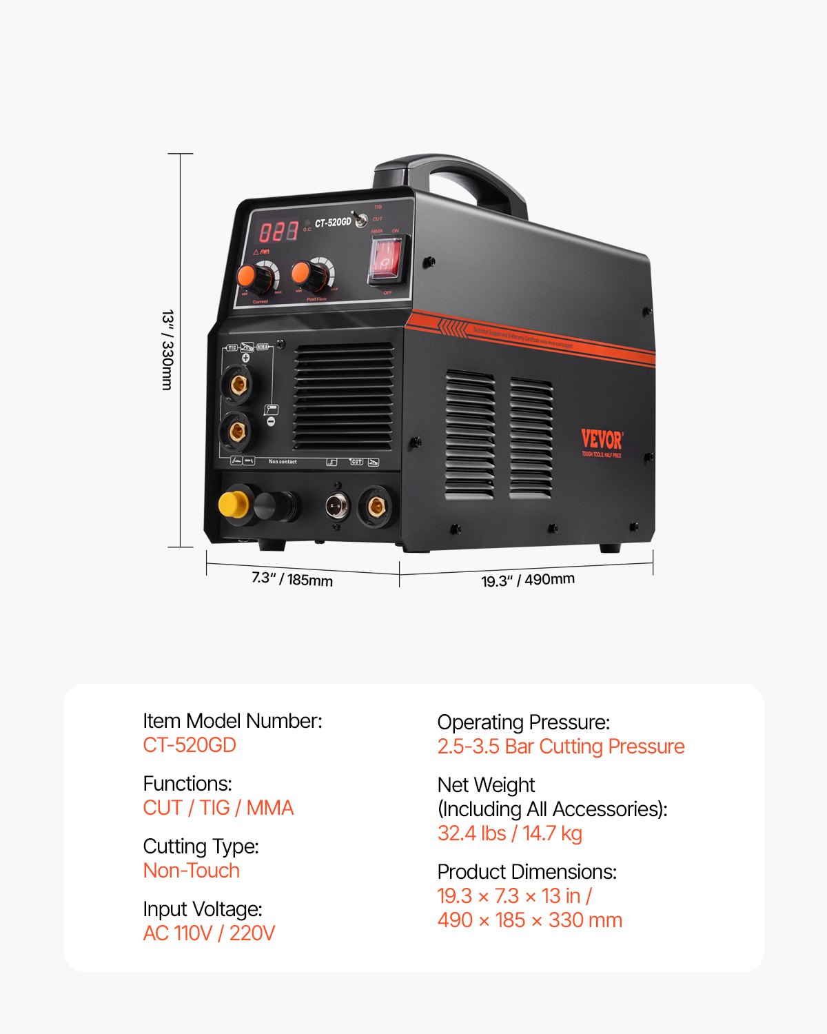 Máquina soldadora de plasma 3 en 1 VEVOR, CT-520GD, máquina combinada de plasma TIG/MMA, arco piloto sin contacto de 30 A, soldadora TIG y de varilla de 200 A, inversor IGBT digital de doble voltaje de 110/220 V
