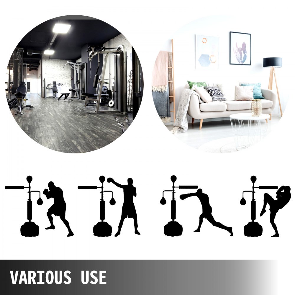 configuraciones de gimnasio y sala de estar con siluetas de uso del entrenador de velocidad de boxeo VEVOR. varios usos.