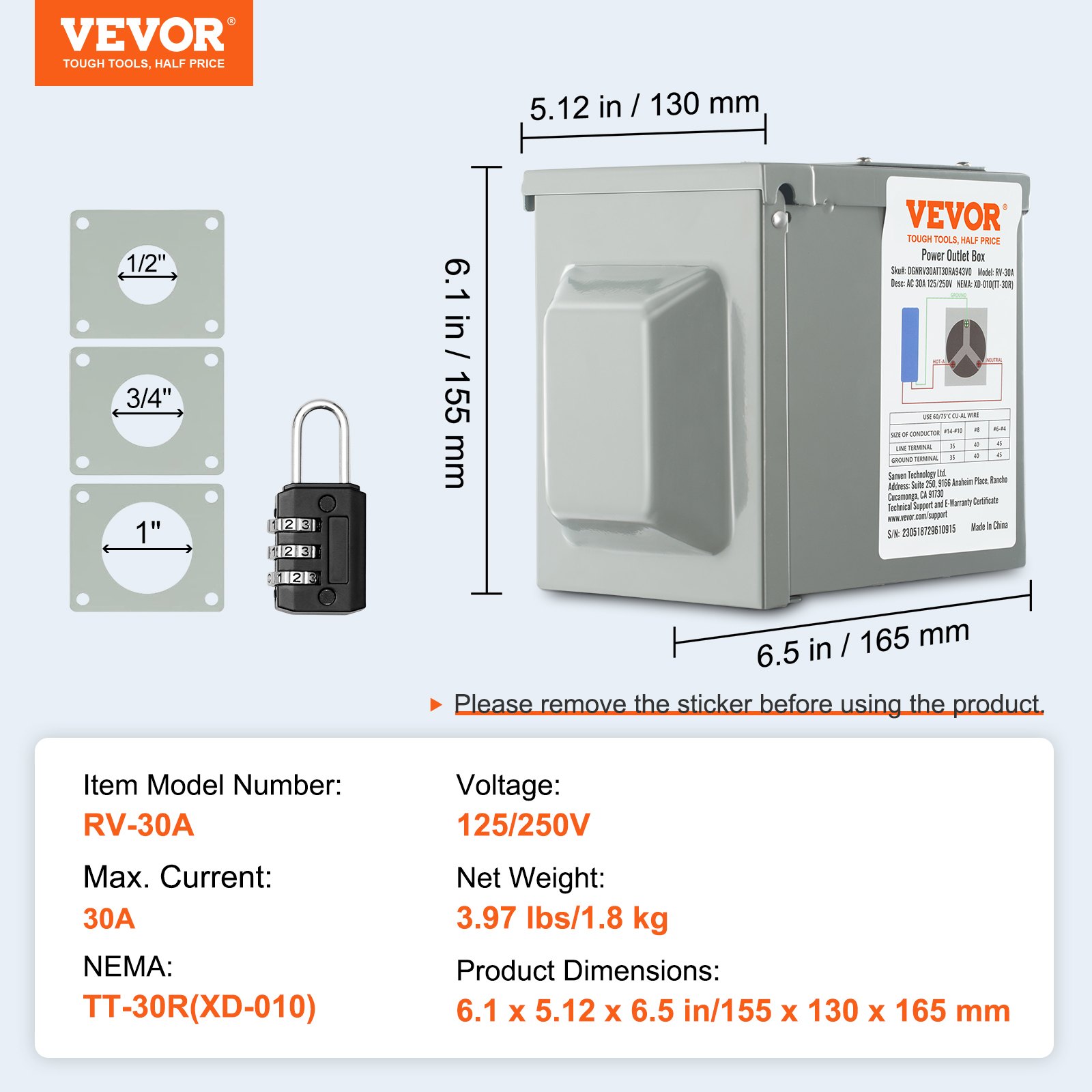 VEVOR Caja de toma de corriente para caravana de 30 amperios, 125/250 voltios, caja de receptáculo para caravana al aire libre con cerradura cerrada, panel eléctrico resistente a la intemperie NEMA TT-30R, para caravana, remolque, autocaravana, coche eléctrico, toma de corriente con certificación