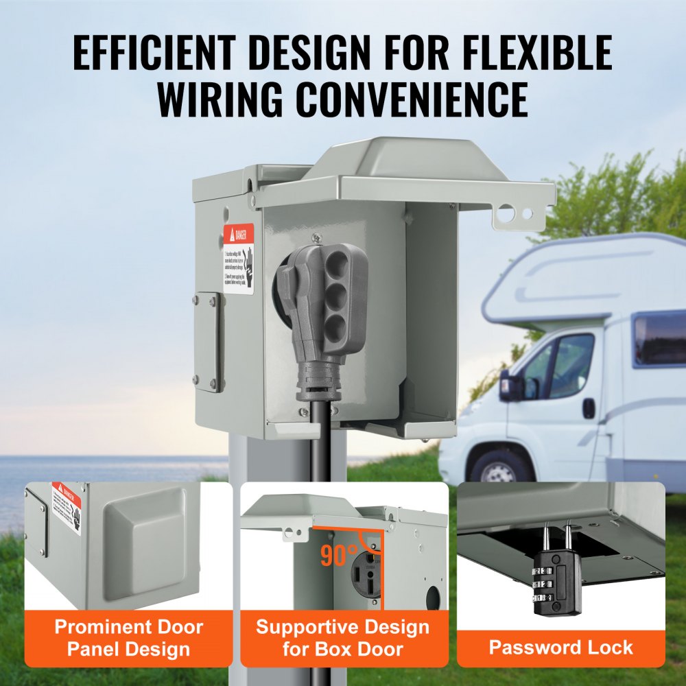 Tomacorriente VEVOR de 50 A para RV, 125/250 V, con cerradura, para exteriores, panel eléctrico resistente a la intemperie NEMA 14-50R, para caravana, remolque, autocaravana