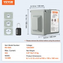 VEVOR Caja de toma de corriente para RV de 50 amperios, 125/250 voltios, caja de receptáculo para RV cerrada con cerradura para exteriores, panel eléctrico NEMA 14-50R resistente a la intemperie, para