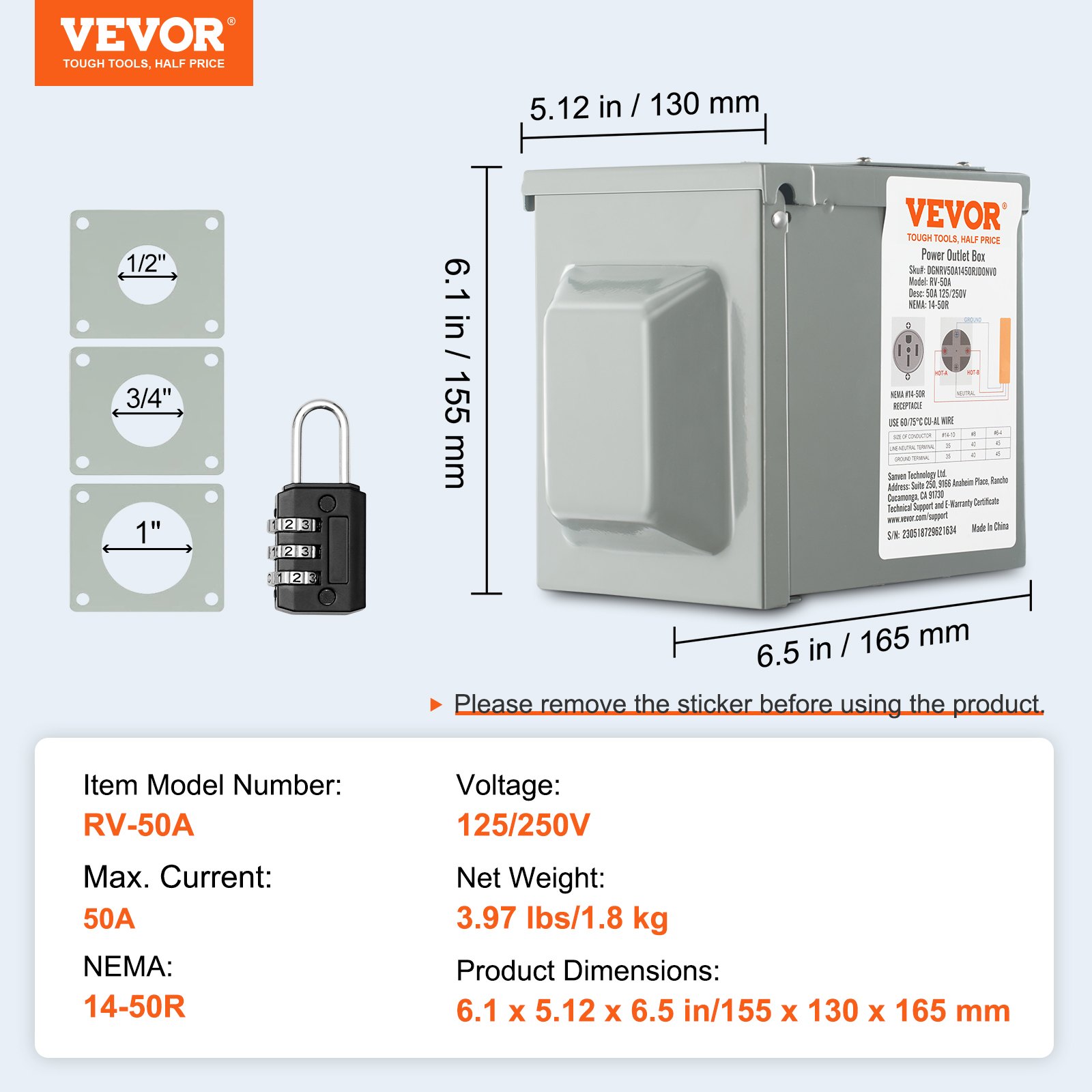 Tomacorriente VEVOR de 50 A para RV, 125/250 V, con cerradura, para exteriores, panel eléctrico resistente a la intemperie NEMA 14-50R, para caravana, remolque, autocaravana