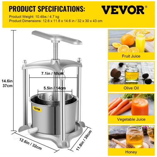 VEVOR Trituradora de Prensa de Fruta Prensa Vino Uvas Acero Inoxidable Plata 3L