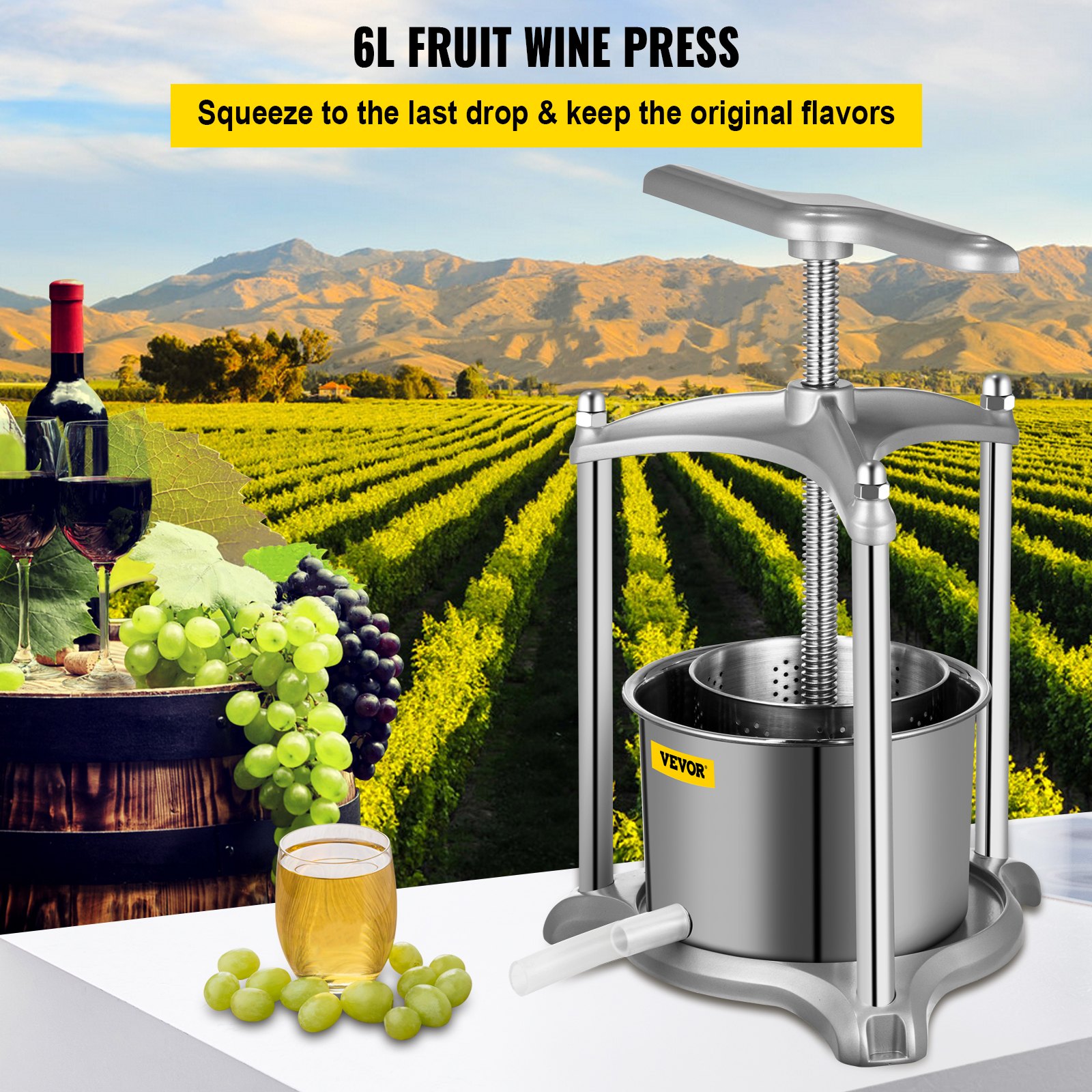 VEVOR Prensa de vino de frutas prensa de vino de 1,6 galones molinillo de sidra de frutas de 6 l con barriles dobles de acero inoxidable máquina de