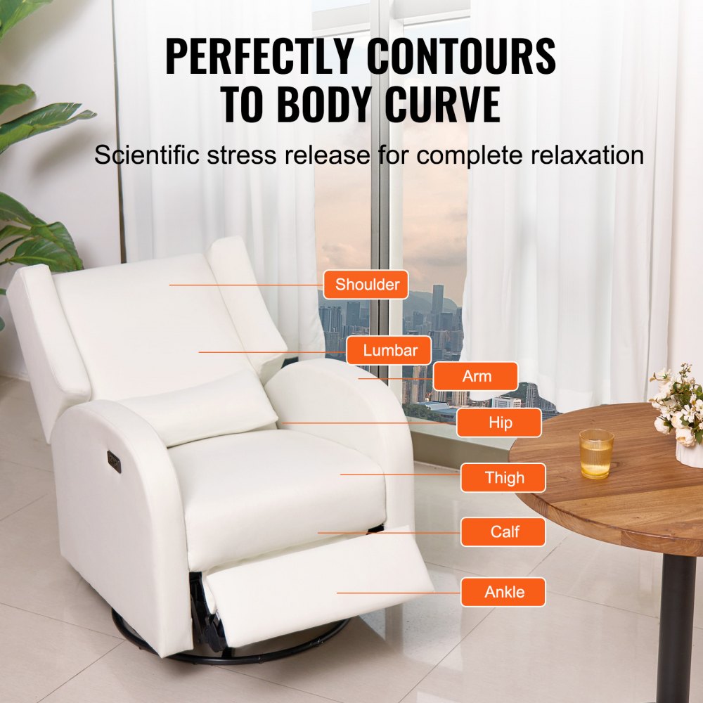 VEVOR Sillón reclinable eléctrico electrónico con mecanismo de giro y deslizamiento, capacidad de peso de 113 kg, con puerto USB, superficie de poliéster, mecedora giratoria para sala de estar y dormitorio, color blanco roto.