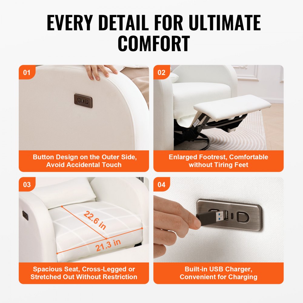 VEVOR Sillón reclinable eléctrico electrónico con mecanismo de giro y deslizamiento, capacidad de peso de 113 kg, con puerto USB, superficie de poliéster, mecedora giratoria para sala de estar y dormitorio, color blanco roto.