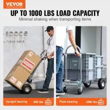VEVOR Carretilla de mano plegable de aluminio, diseño 4 en 1, capacidad de 1000 libras, carro plegable industrial resistente, carro con ruedas de goma para transporte y mudanza en almacén, supermercad