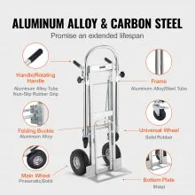 VEVOR Carretilla de mano plegable de aluminio, diseño 4 en 1, capacidad de 1000 libras, carro plegable industrial resistente, carro con ruedas de goma para transporte y mudanza en almacén, supermercad