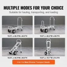 VEVOR Carretilla de mano plegable de aluminio, diseño 4 en 1, capacidad de 1000 libras, carro plegable industrial resistente, carro con ruedas de goma para transporte y mudanza en almacén, supermercad