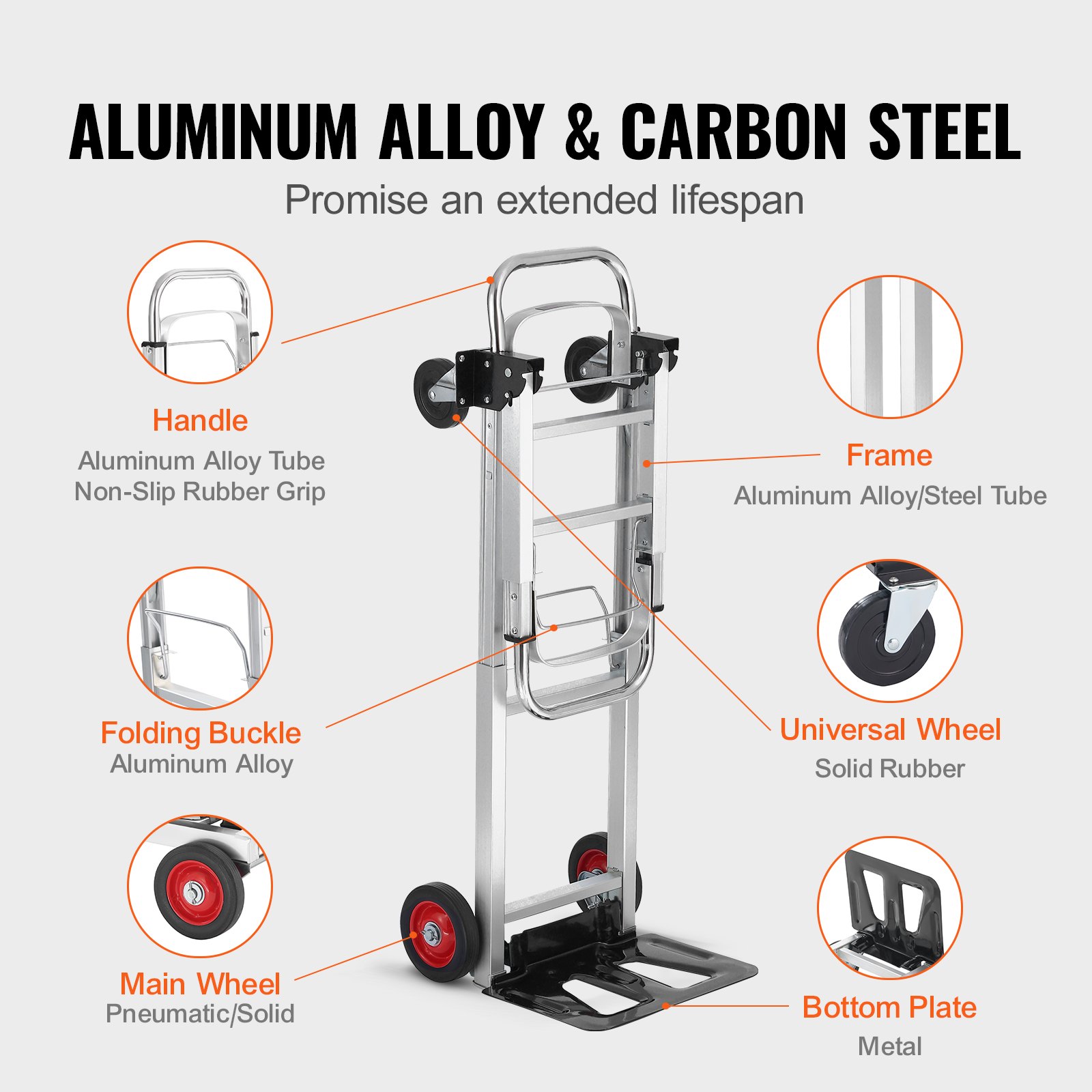 Carretilla plegable de aluminio VEVOR, diseño 2 en 1, capacidad de 181 kg (400 lbs), carro industrial plegable de alta resistencia, carro con ruedas de goma para transporte y movimiento en almacenes, supermercados y jardines.