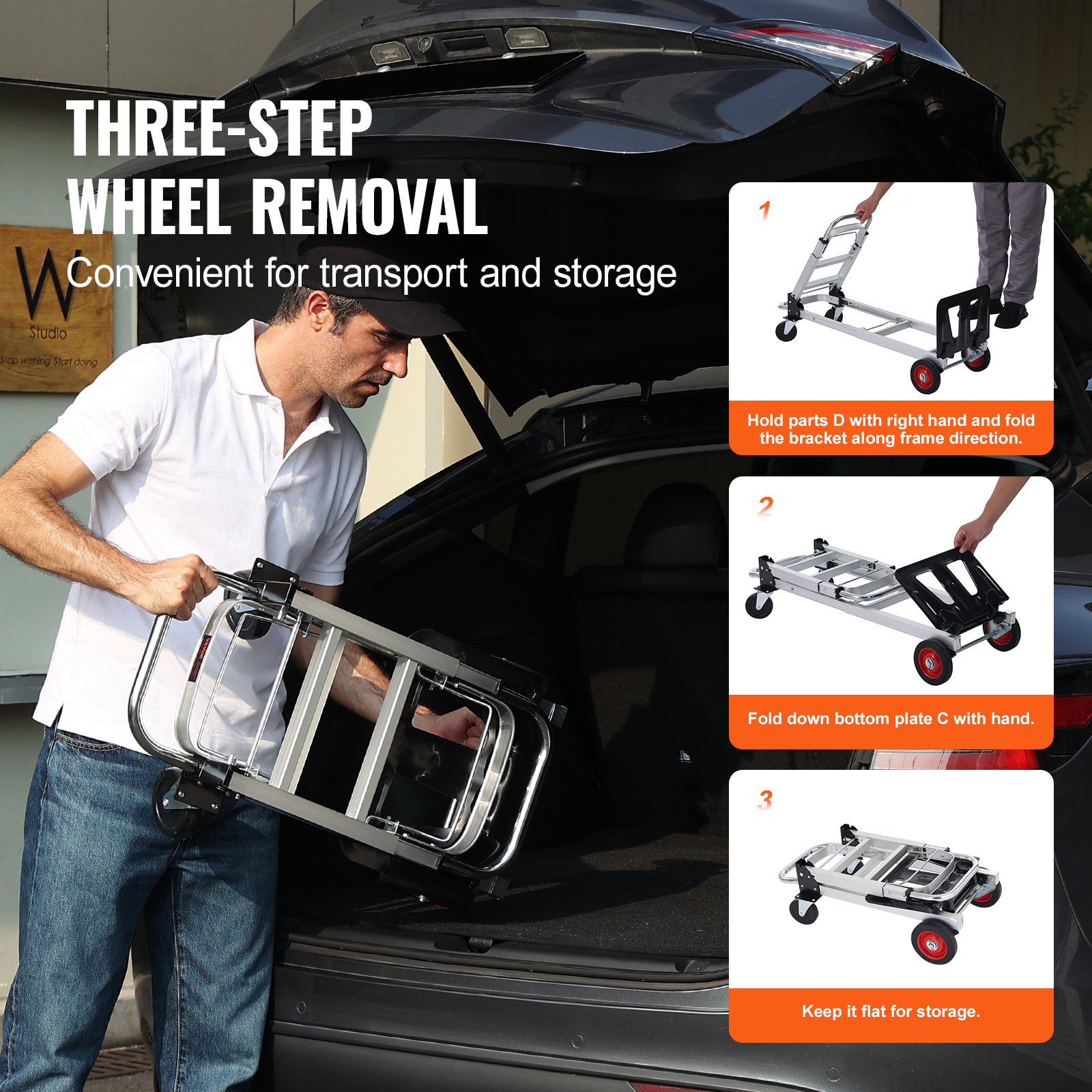 Carretilla plegable de aluminio VEVOR, diseño 2 en 1, capacidad de 181 kg (400 lbs), carro industrial plegable de alta resistencia, carro con ruedas de goma para transporte y movimiento en almacenes, supermercados y jardines.