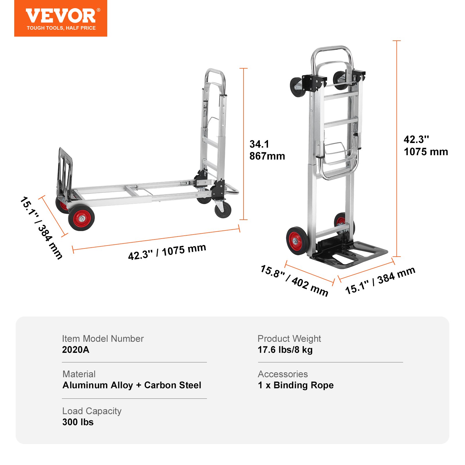Carretilla plegable de aluminio VEVOR, diseño 2 en 1, capacidad de 181 kg (400 lbs), carro industrial plegable de alta resistencia, carro con ruedas de goma para transporte y movimiento en almacenes, supermercados y jardines.