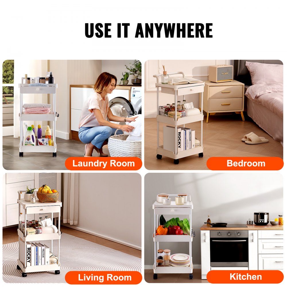 VEVOR - Carrito de cocina con ruedas de 3 niveles y cajón, con ruedas bloqueables, multifuncional, con asa, para oficina, salón y cocina, con estantes organizadores móviles, color blanco
