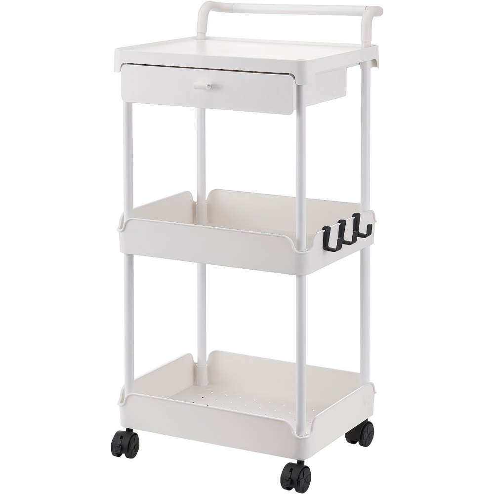 VEVOR - Carrito de cocina con ruedas de 3 niveles y cajón, con ruedas bloqueables, multifuncional, con asa, para oficina, salón y cocina, con estantes organizadores móviles, color blanco