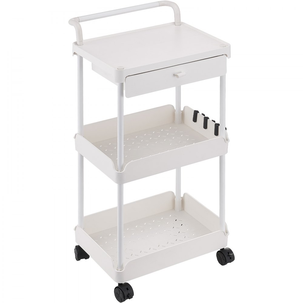 VEVOR - Carrito de cocina con ruedas de 3 niveles y cajón, con ruedas bloqueables, multifuncional, con asa, para oficina, salón y cocina, con estantes organizadores móviles, color blanco