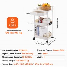 VEVOR Carro utilitario rodante de 3 niveles con cajón, carro de cocina con ruedas bloqueables, carro de almacenamiento multifuncional con asa para oficina, sala de estar, cocina, estantes organizadores de almacenamiento móviles, blanco