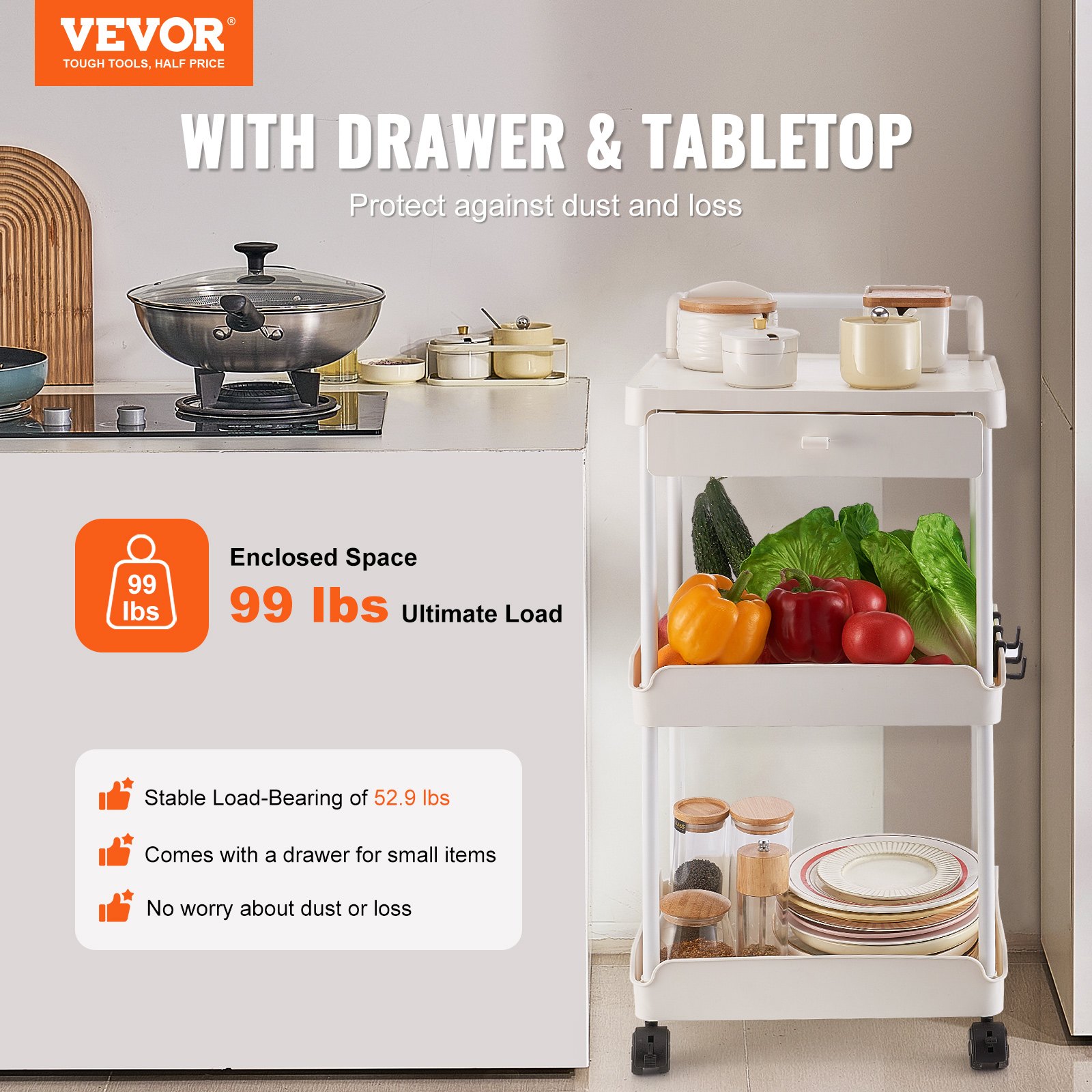 VEVOR - Carrito de cocina con ruedas de 3 niveles y cajón, con ruedas bloqueables, multifuncional, con asa, para oficina, salón y cocina, con estantes organizadores móviles, color blanco