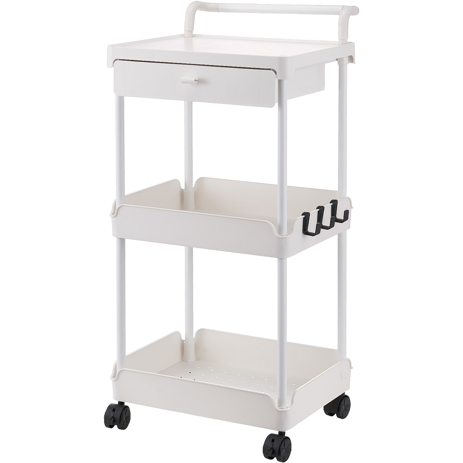 VEVOR - Carrito de cocina con ruedas de 3 niveles y cajón, con ruedas bloqueables, multifuncional, con asa, para oficina, salón y cocina, con estantes organizadores móviles, color blanco