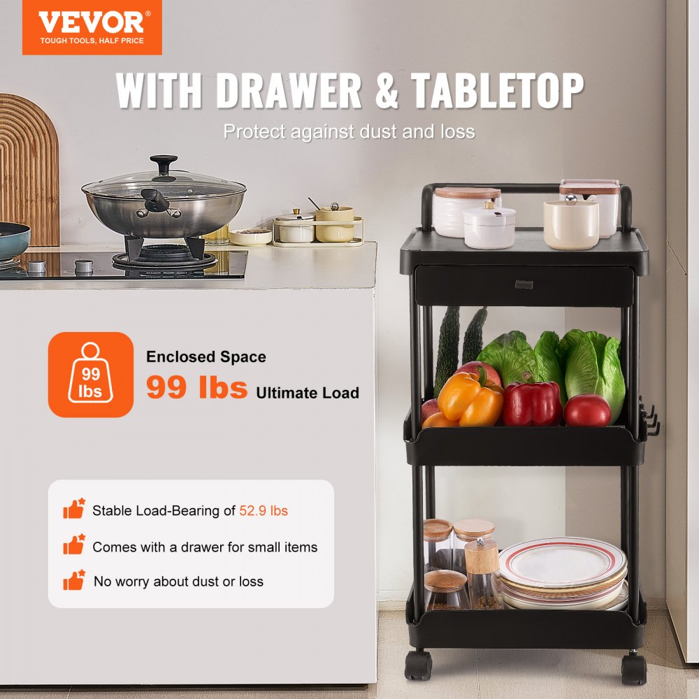 VEVOR - Carrito de cocina con ruedas de 3 niveles y cajón, con ruedas bloqueables, multifuncional, con asa, para oficina, salón y cocina, con estantes organizadores móviles, color negro