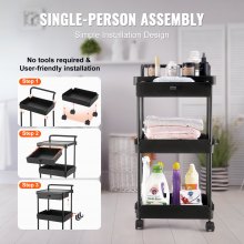 VEVOR Carro utilitario rodante de 3 niveles con cajón, carro de cocina con ruedas bloqueables, carro de almacenamiento multifuncional con asa para oficina, sala de estar, cocina, estantes organizadores de almacenamiento móviles, negro