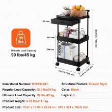 VEVOR Carro utilitario rodante de 3 niveles con cajón, carro de cocina con ruedas bloqueables, carro de almacenamiento multifuncional con asa para oficina, sala de estar, cocina, estantes organizadores de almacenamiento móviles, negro