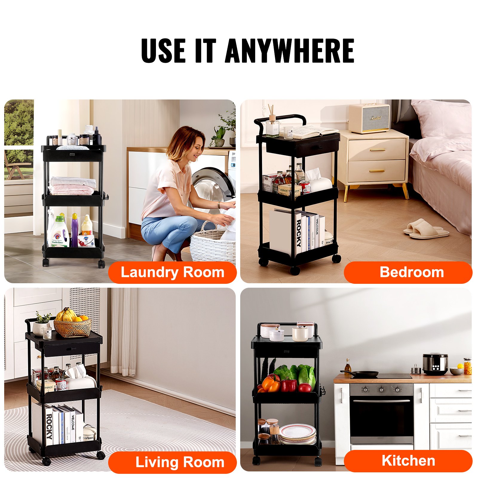 VEVOR - Carrito de cocina con ruedas de 3 niveles y cajón, con ruedas bloqueables, multifuncional, con asa, para oficina, salón y cocina, con estantes organizadores móviles, color negro