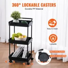 VEVOR Carro utilitario rodante de 3 niveles, carro de cocina con ruedas bloqueables, carro de almacenamiento multifuncional con asa para oficina, sala de estar, cocina, estantes organizadores de cesta