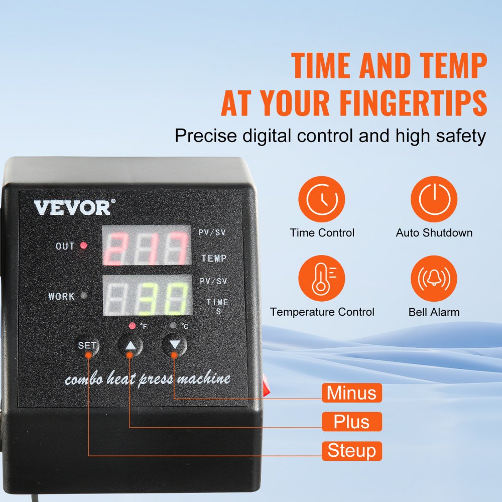 Máquina de prensado térmico VEVOR con funciones de control digital de tiempo y temperatura.