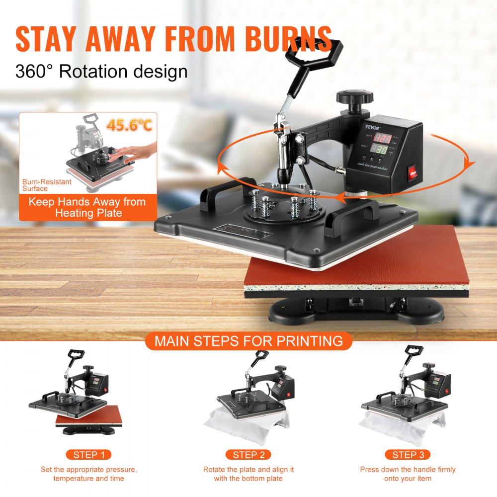 Máquina de prensado térmico VEVOR con rotación de 360°, superficie resistente a quemaduras y placa calefactora.
