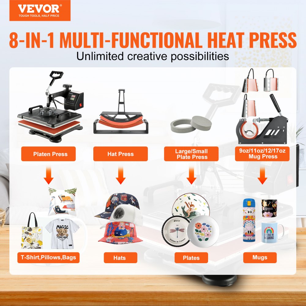 VEVOR Máquina de prensa de calor, 8 en 1 Combo Digital Multifuncional Máquina de transferencia de calor por sublimación 12 x 15 pulgadas, rotación de 360 ​​grados para imprimir camisetas, tazas, gorras, platos