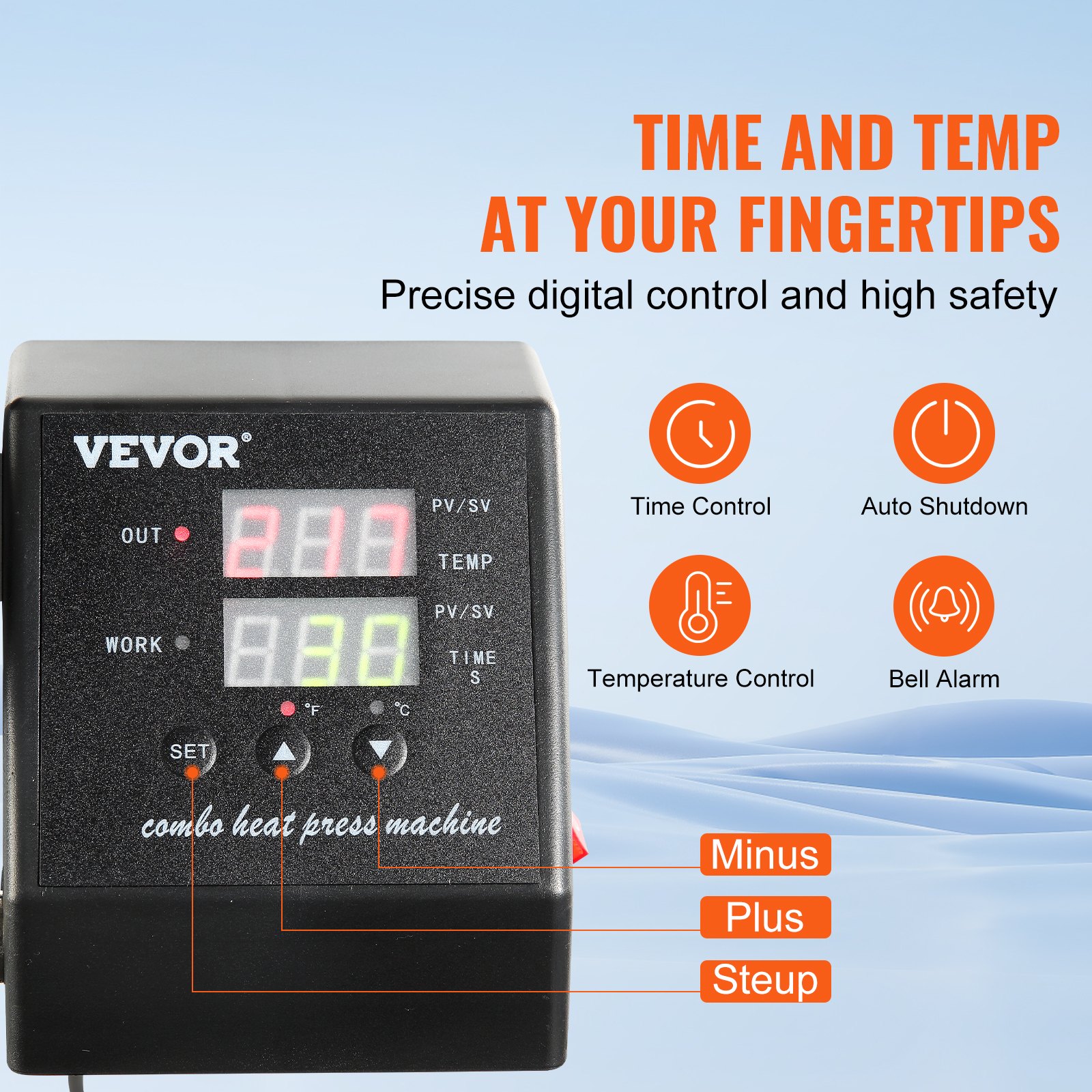 Máquina de prensado térmico VEVOR con funciones de control digital de tiempo y temperatura.