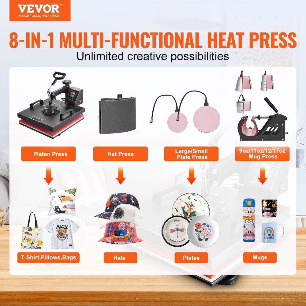 VEVOR - Prensa térmica 8 en 1 para camisetas de 38 x 38 cm, con giro de 360°, prensa térmica profesional para sublimación, vinilo y transferencia térmica.