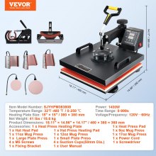 VEVOR Prensa de Calor Prensa Térmica Máquina de Sublimación 95-232 °C Máquina de Prensado en Calor Aluminio Hierro y Plástico 38 x 38 cm Negro para