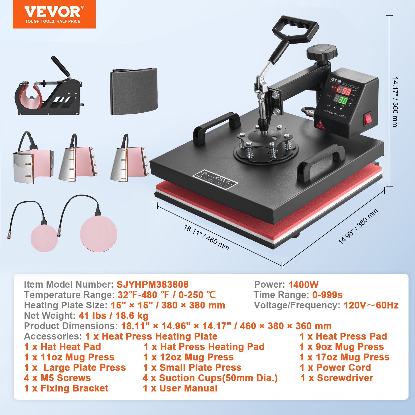 VEVOR - Prensa térmica 8 en 1 para camisetas de 38 x 38 cm, con giro de 360°, prensa térmica profesional para sublimación, vinilo y transferencia térmica.