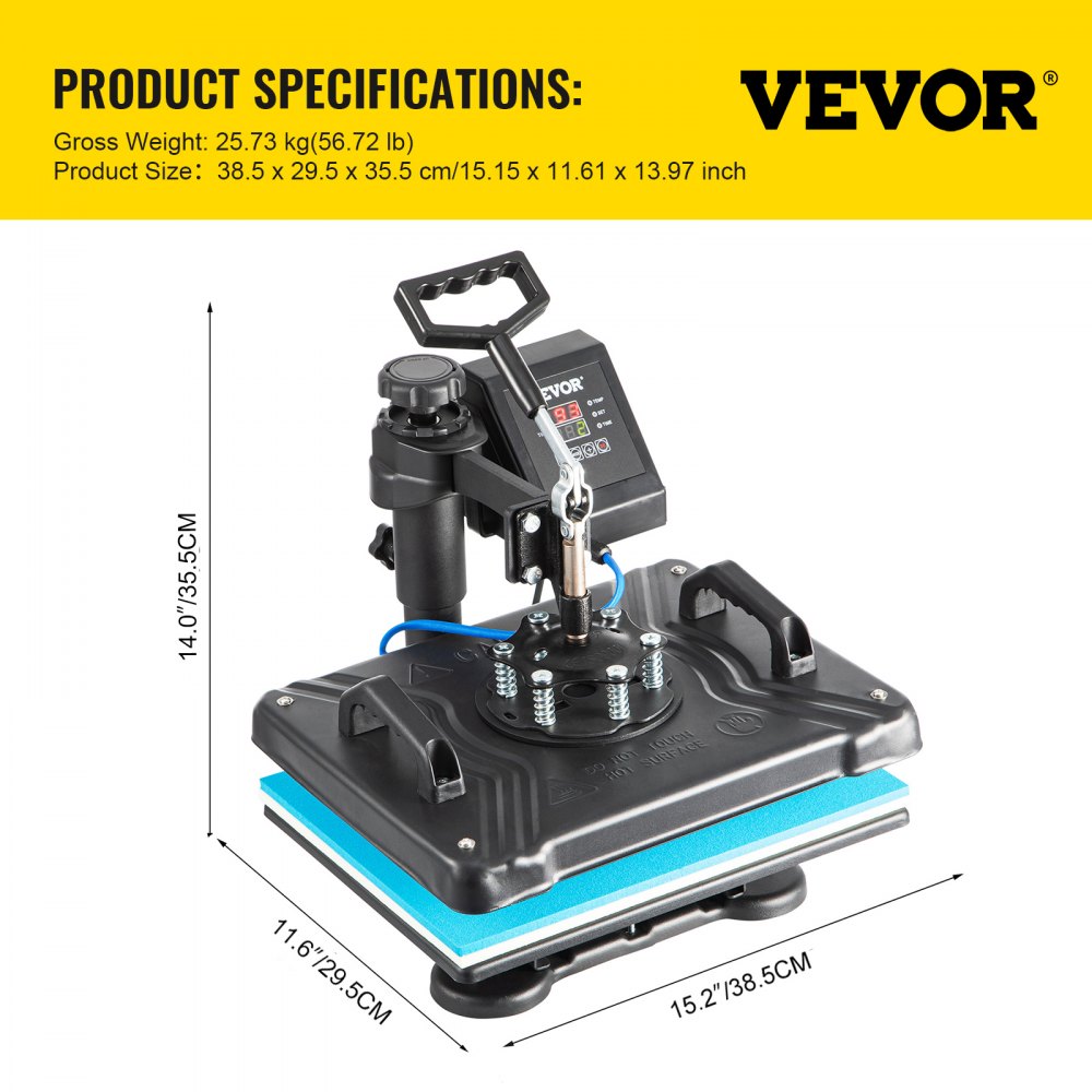 Máquina de prensado térmico VEVOR con dimensiones y especificaciones del producto mostradas.