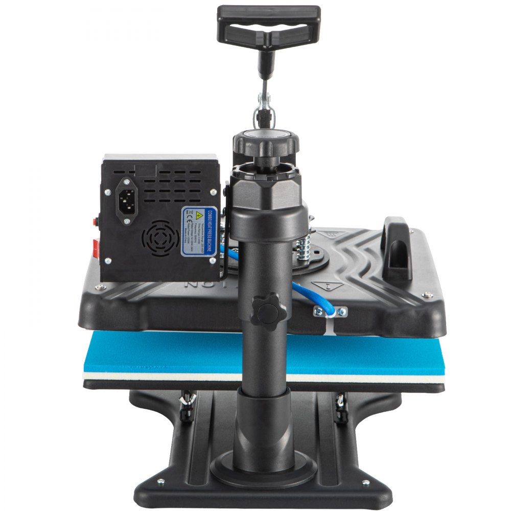 Vista frontal de la máquina de prensado térmico VEVOR con mango negro y base azul.