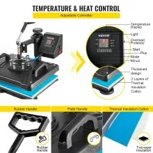 VEVOR Prensa de Calor Prensa Térmica Máquina de Sublimación 30 x 38 cm 95-232 °C Máquina de Prensado en Calor 1050 W Negro y Azul para Camiseta