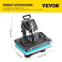 VEVOR Prensa de Calor Prensa Térmica Máquina de Sublimación 30 x 38 cm 95-232 °C Máquina de Prensado en Calor 1050 W Negro y Azul para Camiseta