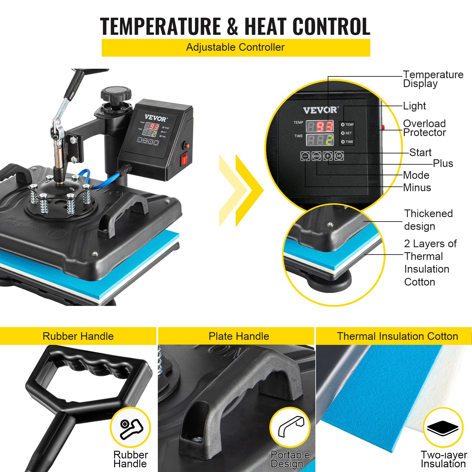 Máquina de prensado térmico VEVOR con control de temperatura ajustable, asas de goma y placa.