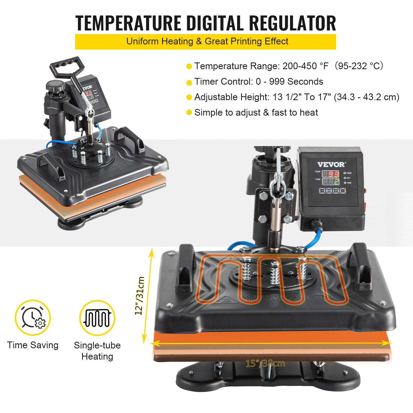 Máquina de prensado térmico VEVOR con regulador digital, altura ajustable y control de temporizador.