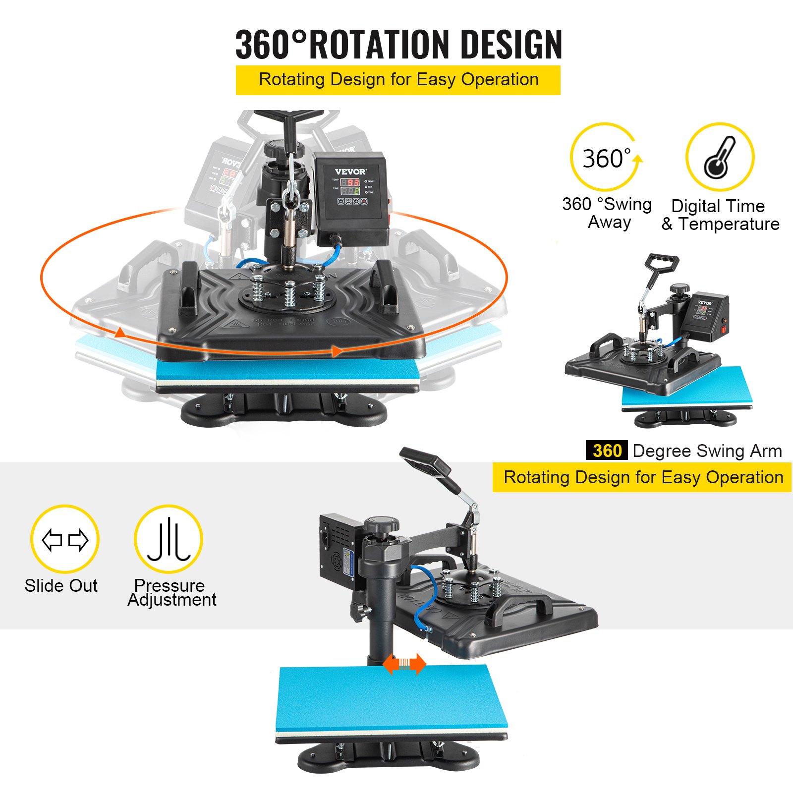 Máquina de prensado térmico VEVOR con rotación de 360 grados, tiempo y temperatura digitales.