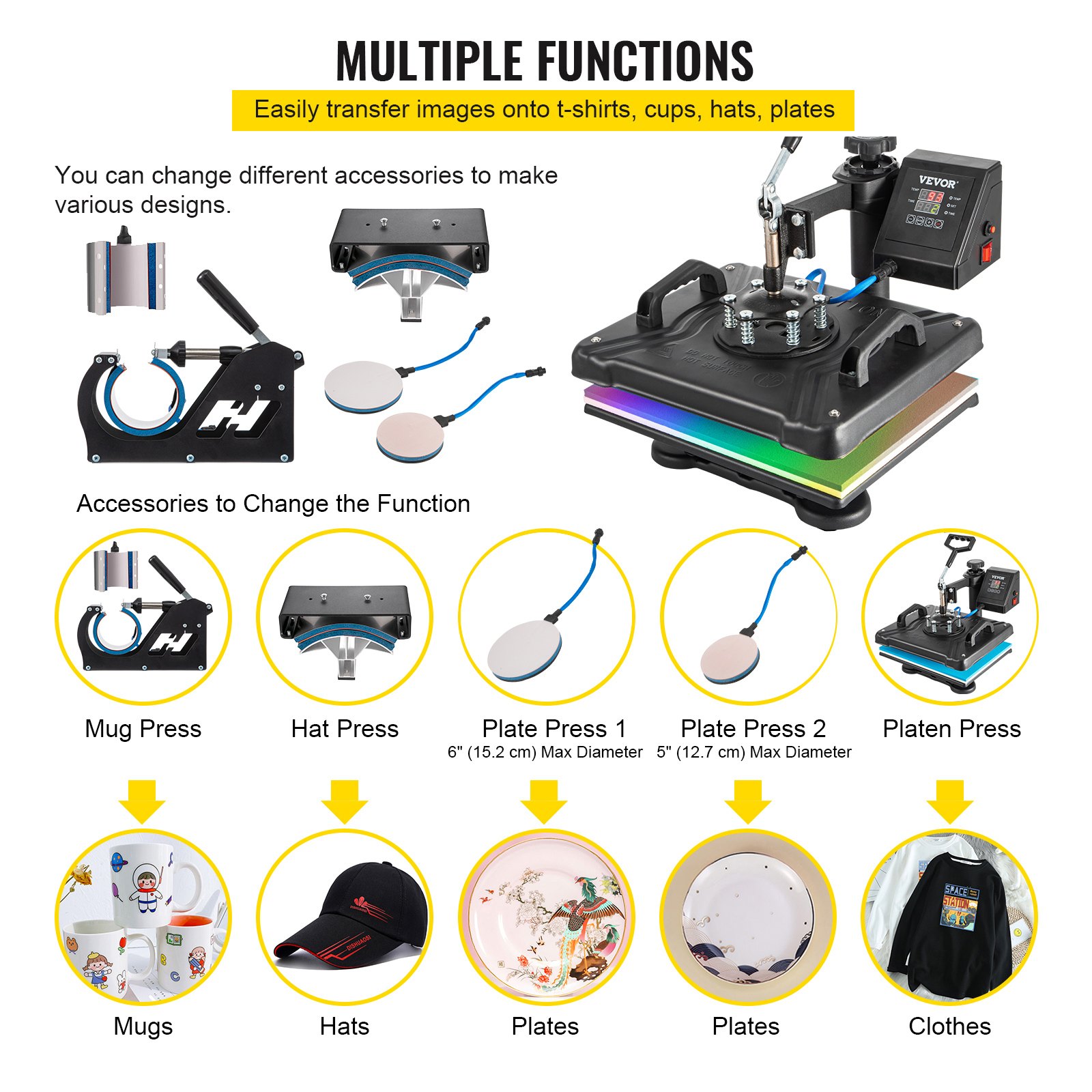Máquina de prensado térmico VEVOR con múltiples funciones para tazas, gorras, platos y ropa.