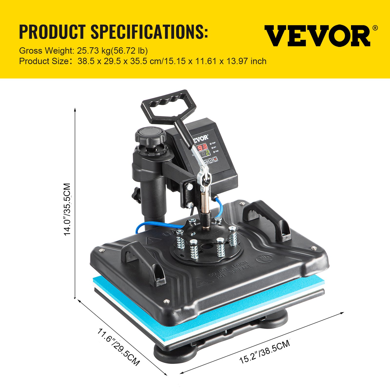 Máquina de prensado térmico VEVOR con dimensiones y especificaciones del producto mostradas.