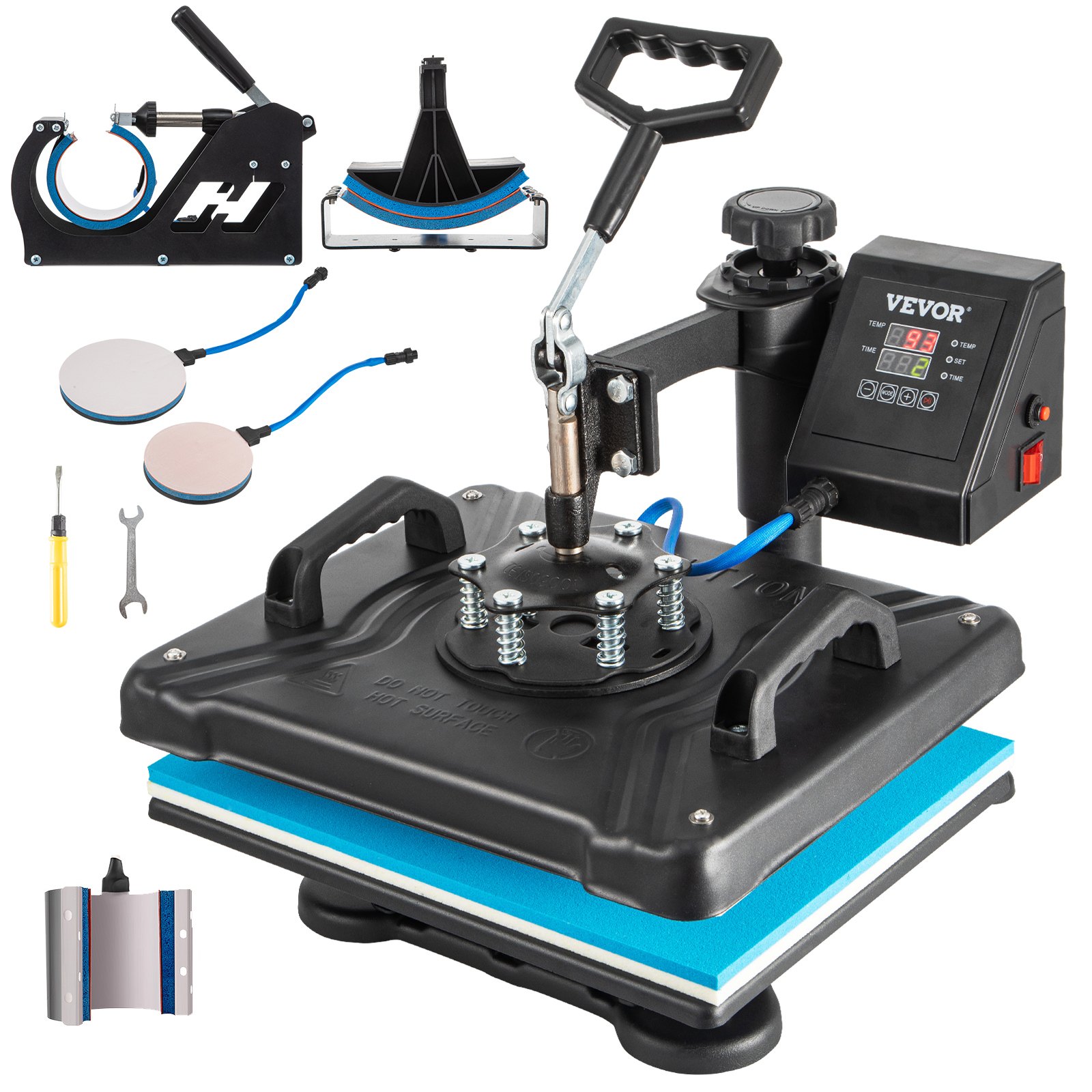 Máquina de prensado térmico VEVOR con accesorios, panel de control y llave.