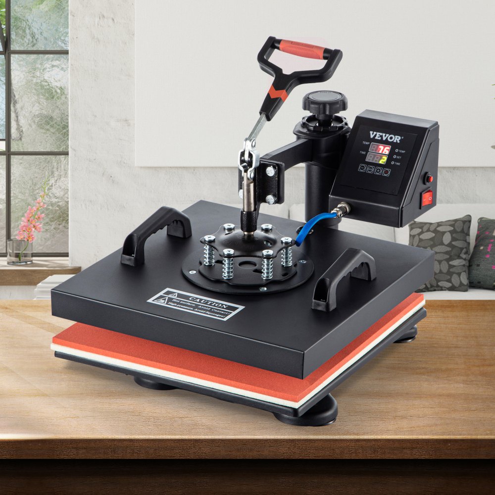 Máquina de prensado térmico VEVOR sobre una mesa de madera en una habitación luminosa y moderna.
